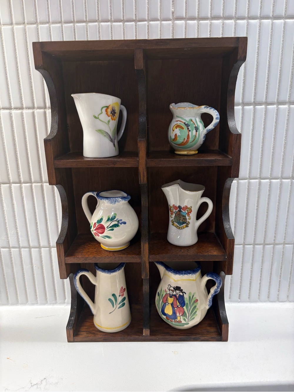 Vintage Ceramic Pitcher Shelf Set - White & Multicolor Decorative Jugs